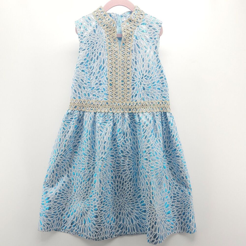 Lilly Pulitzer Mini Franci Metallic Jacquard Dress Girls 14 Blue Gold Sleeveless